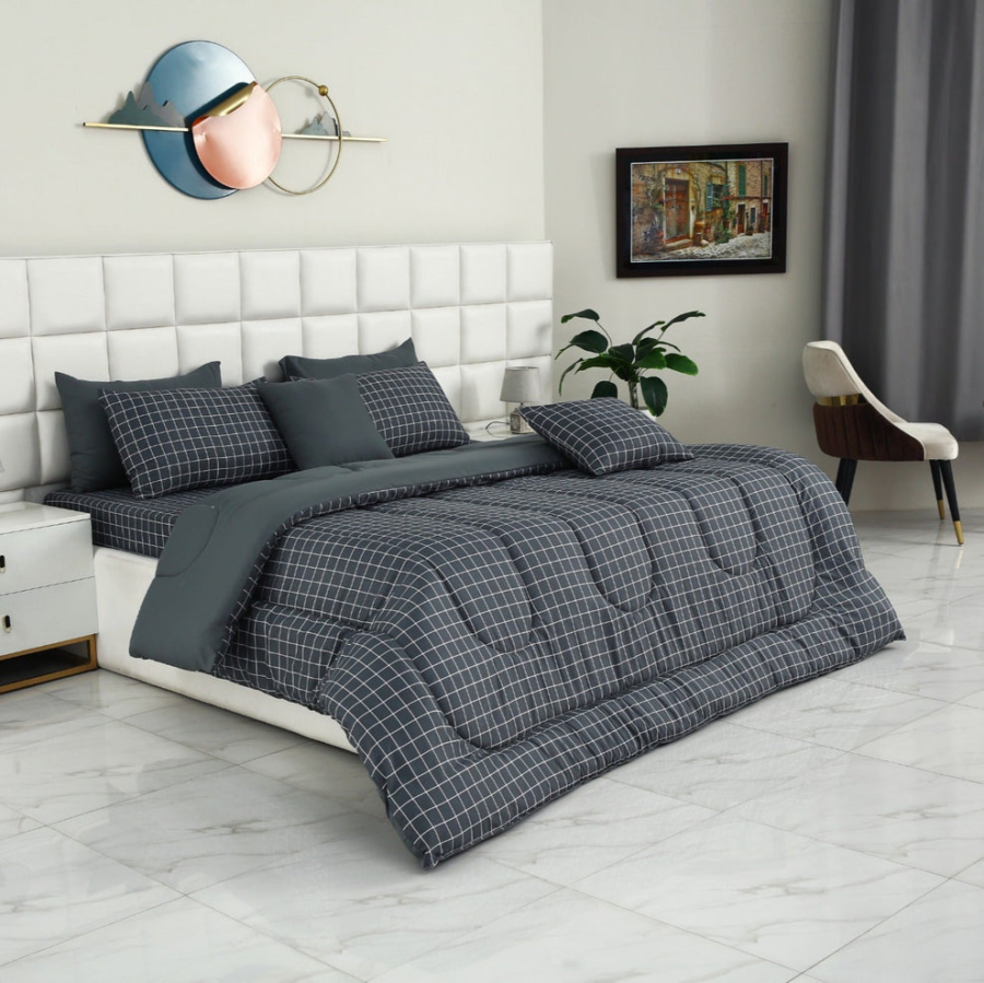 8 PCs Winter Comforter Set-Grey Check